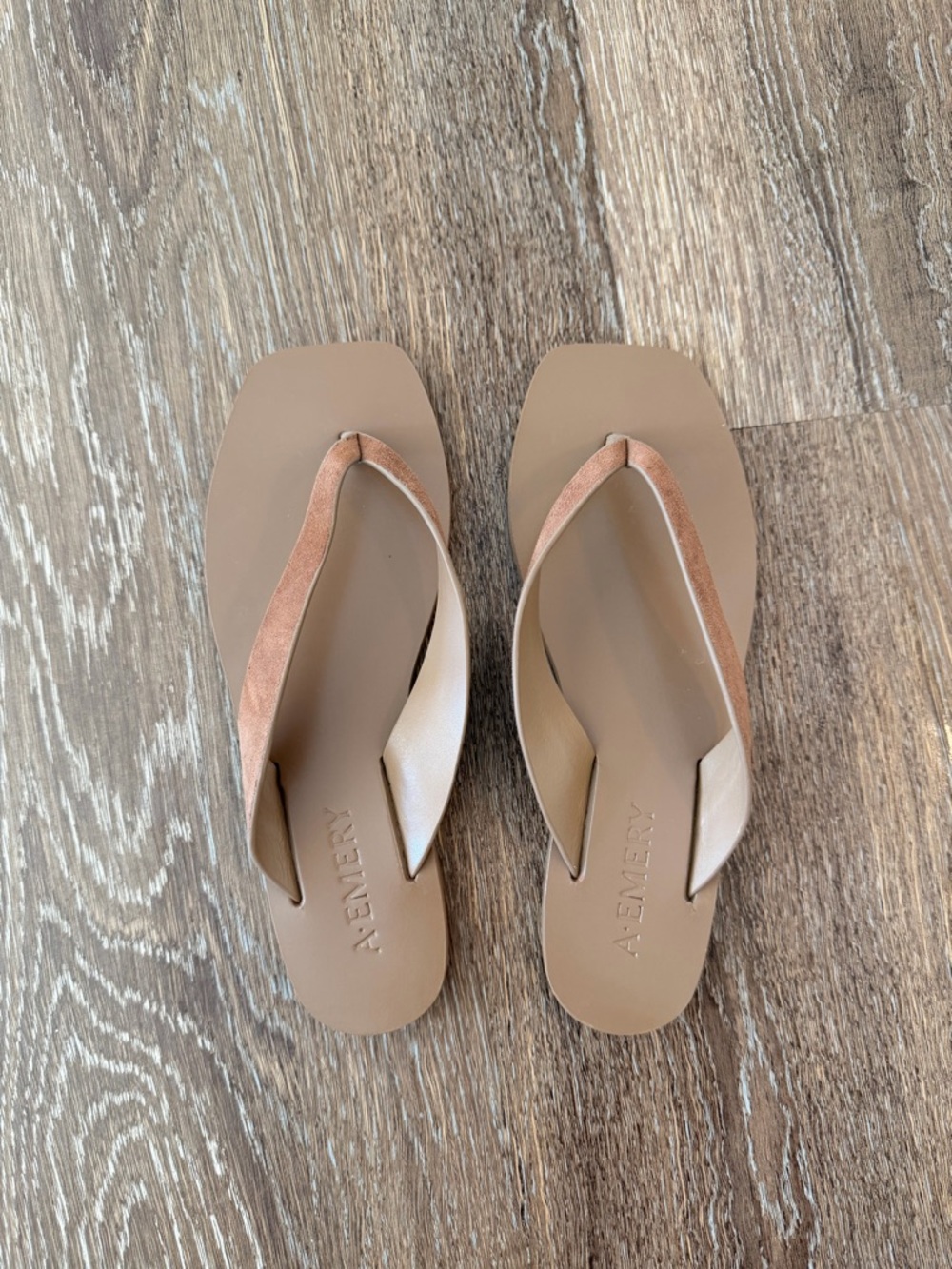 A.EMERY  Women's Leather Tan Square Toe Flip Flop Sandals